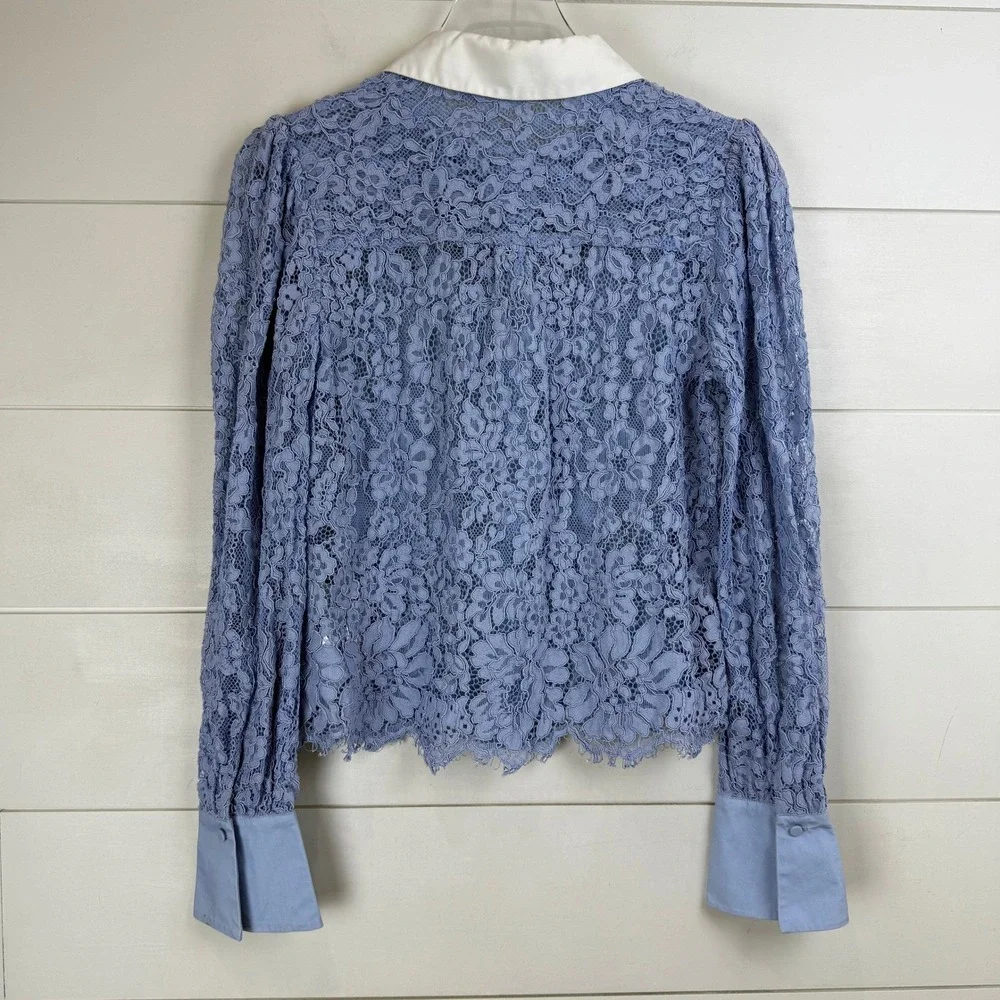 Self Portrait Blue Fine‎ Corded Lace Collared Button Up Shirt Top WOMEN 6 SHEER